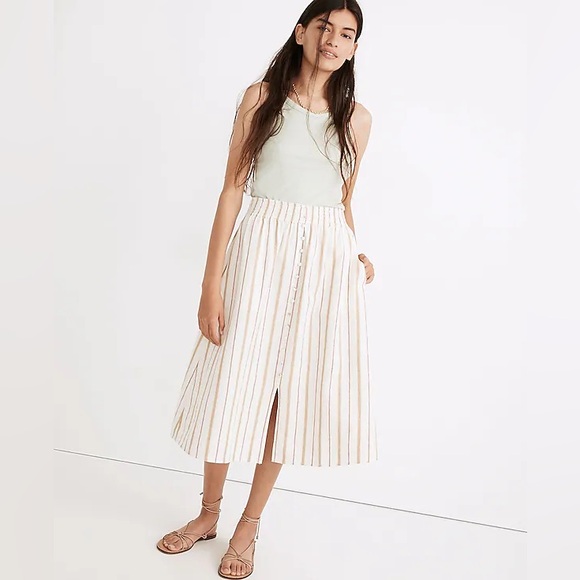 Madewell Linen-Cotton Smocked-Waist Button-Front Midi Skirt - Picture 3 of 6